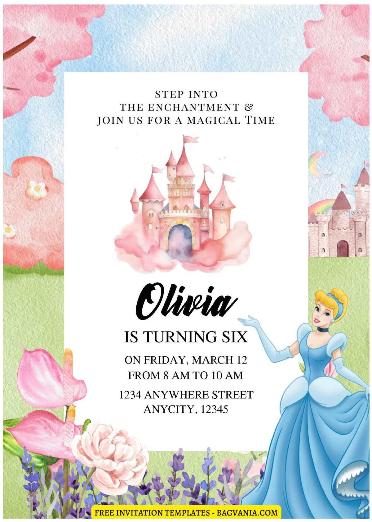 (Free Editable PDF) Cinderella And Princess Castle Birthday Invitation Templates D