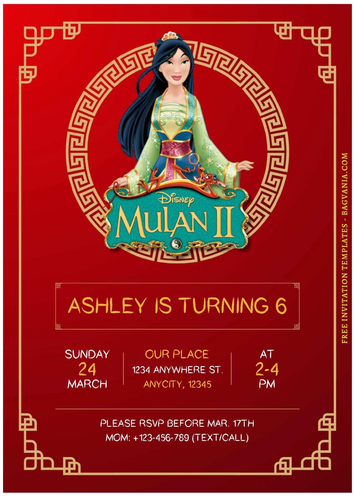 (Free Editable PDF) Brave Mulan Birthday Invitation Templates D