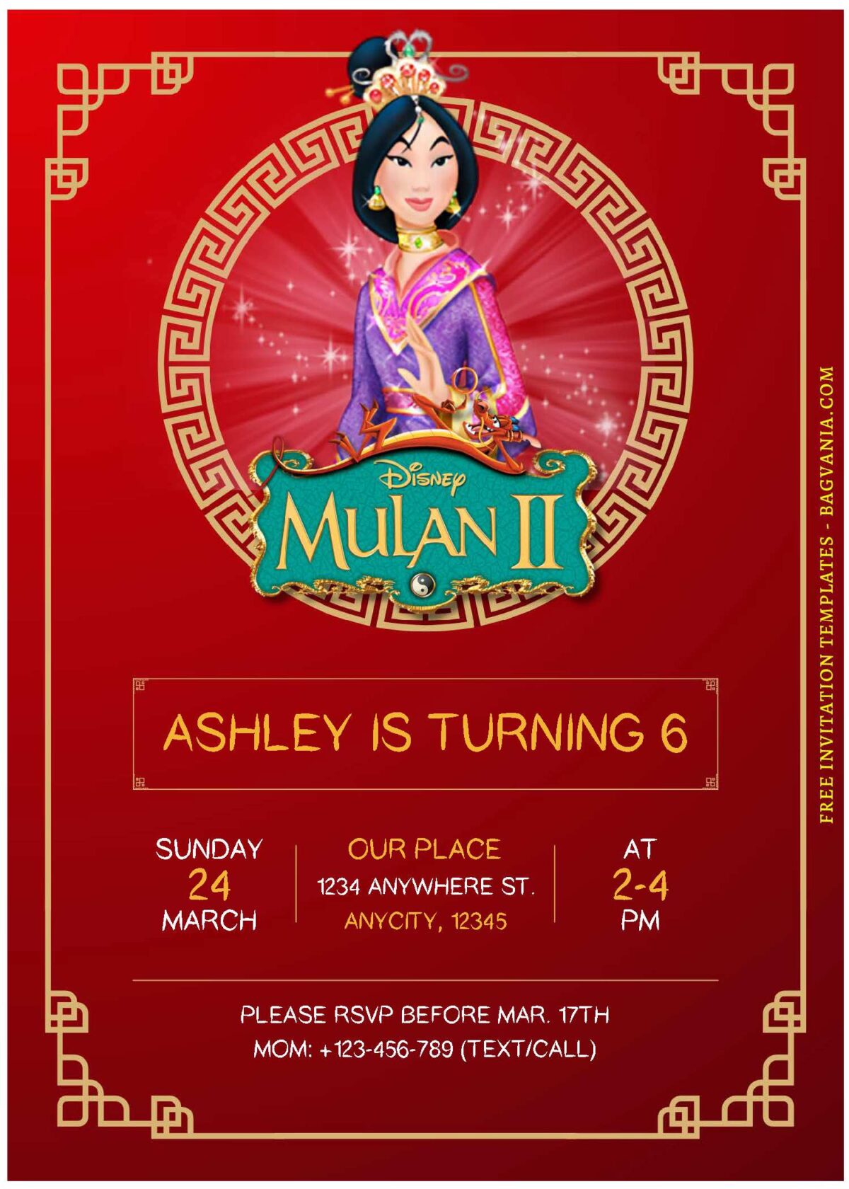 (Free Editable PDF) Brave Mulan Birthday Invitation Templates E