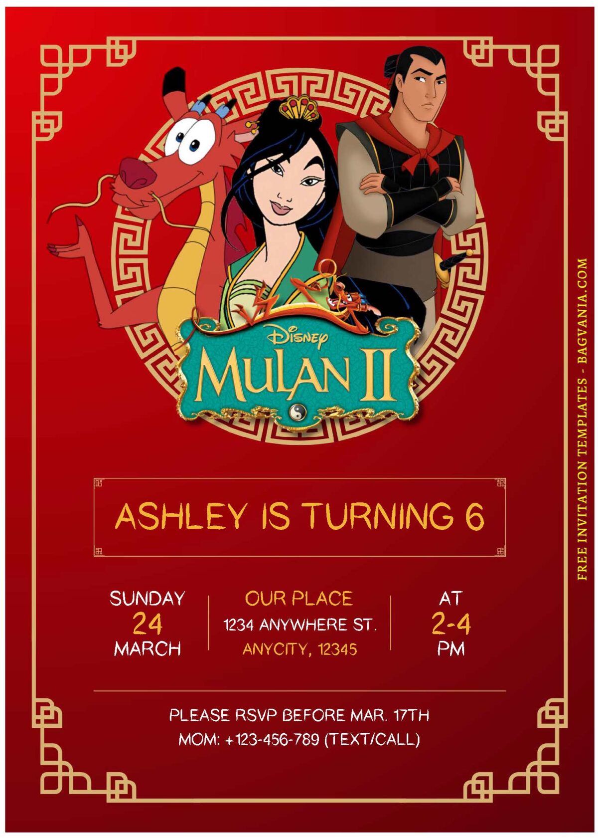 (Free Editable PDF) Brave Mulan Birthday Invitation Templates F
