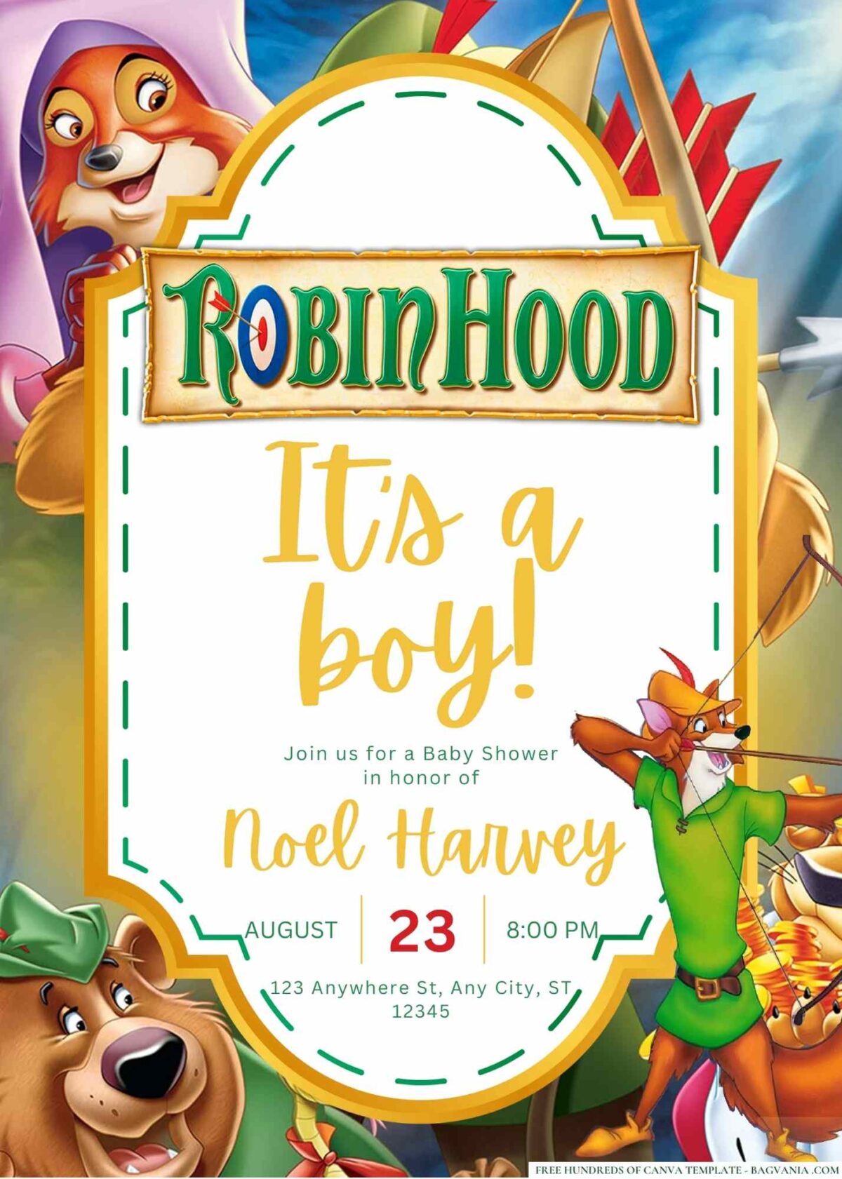 FREE Editable Robin Hood Baby Shower Invitation