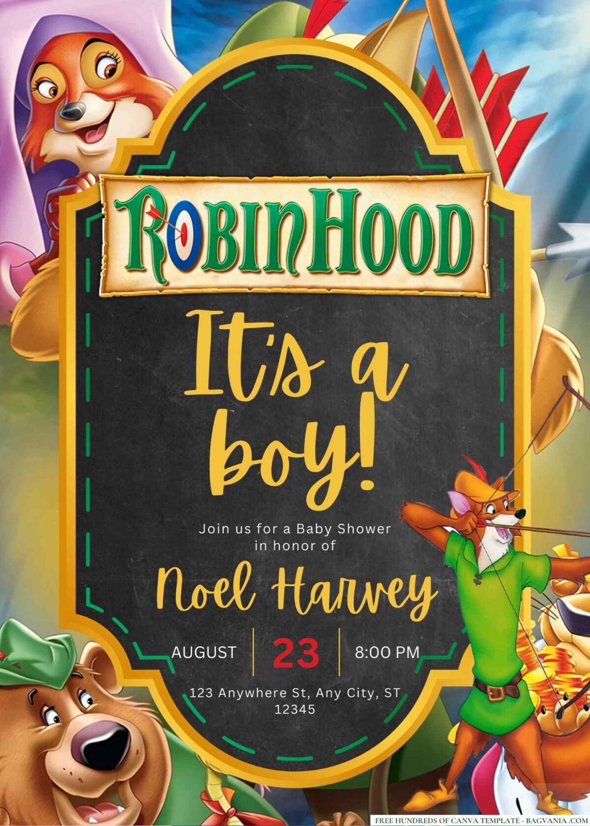 FREE Editable Robin Hood Baby Shower Invitation