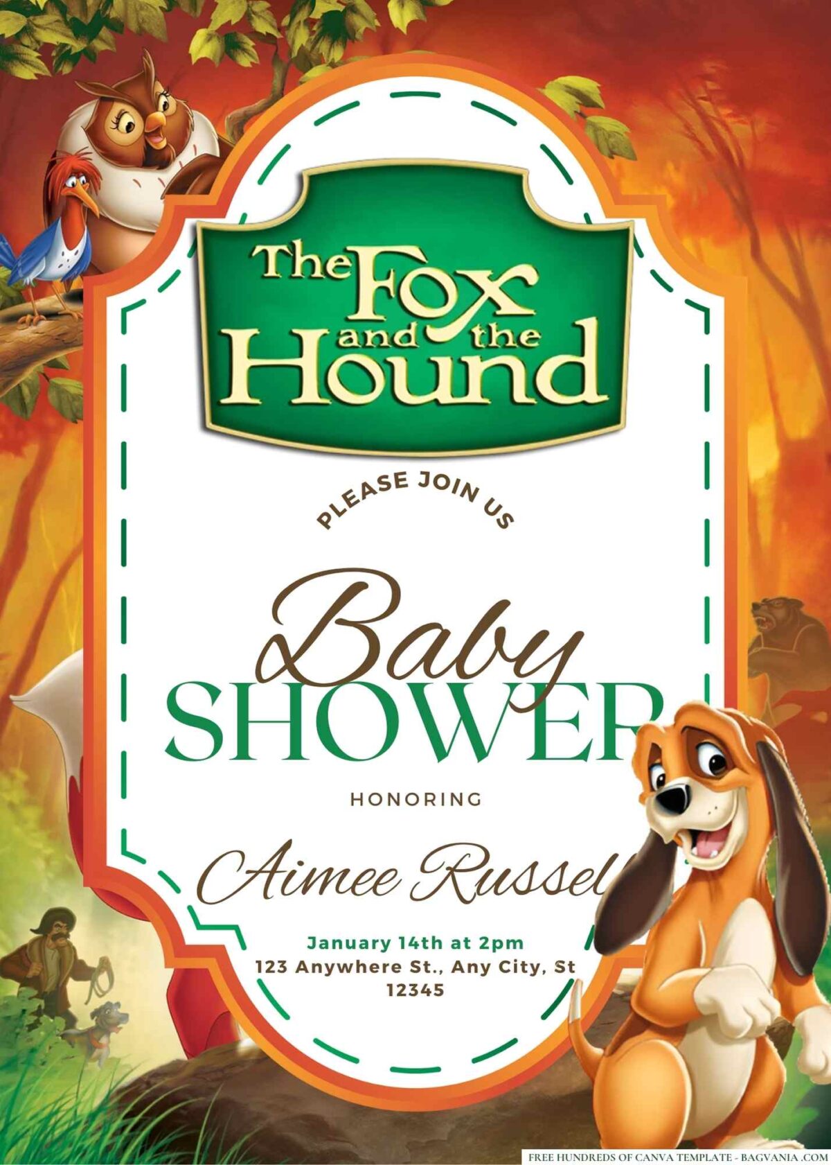 FREE Editable The Fox and the Hound Baby Shower Invitation