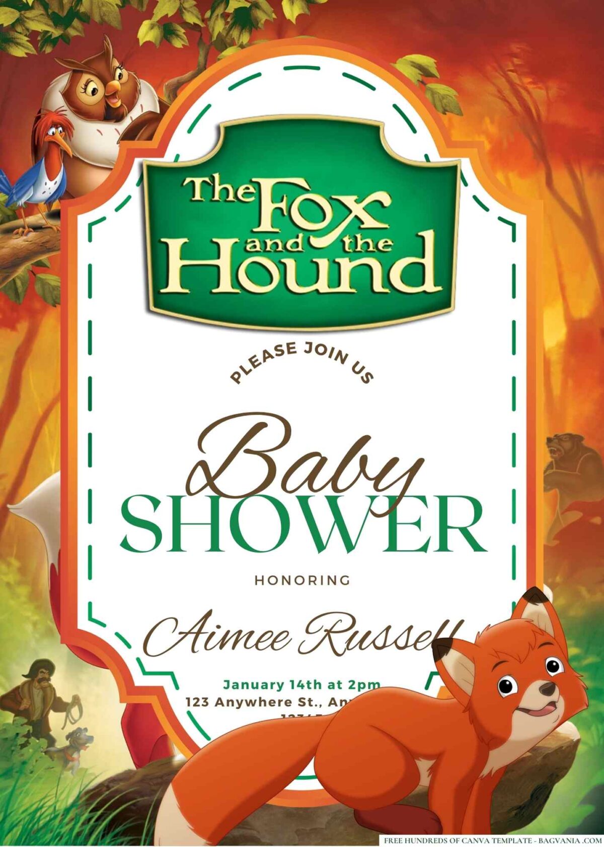 FREE Editable The Fox and the Hound Baby Shower Invitation