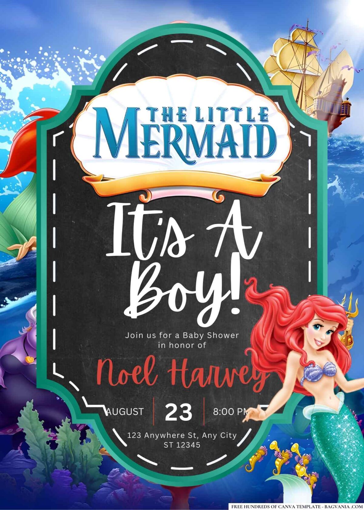 FREE Editable The Little Mermaid Baby Shower Invitation