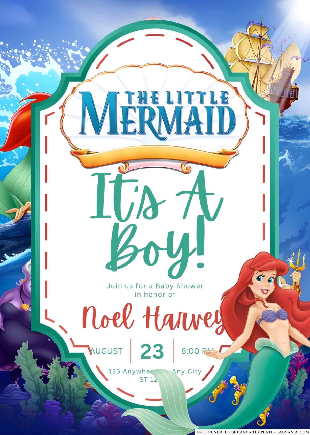 FREE Editable The Little Mermaid Baby Shower Invitation