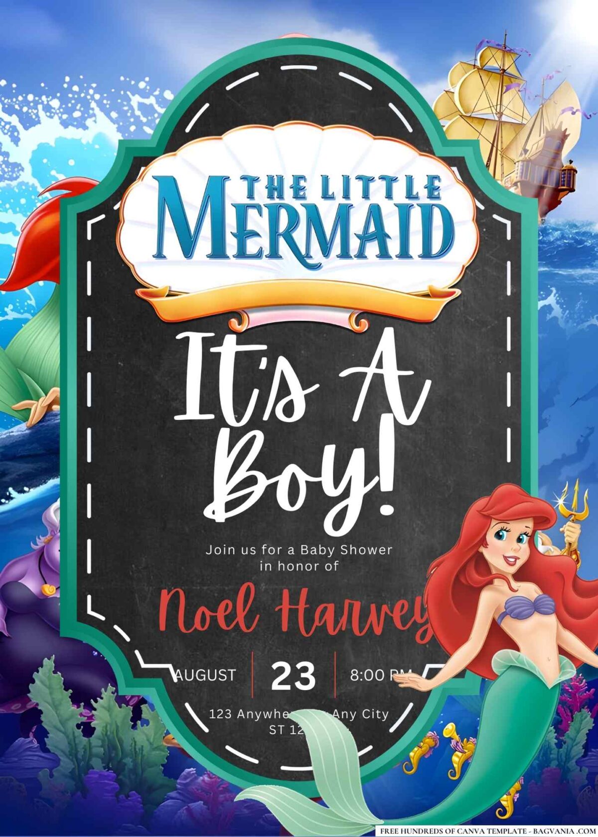 FREE Editable The Little Mermaid Baby Shower Invitation