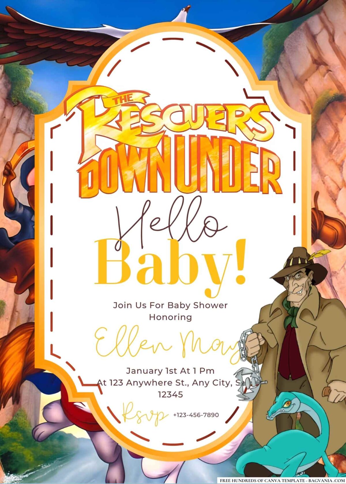 FREE Editable The Rescuers Down Under Baby Shower Invitation