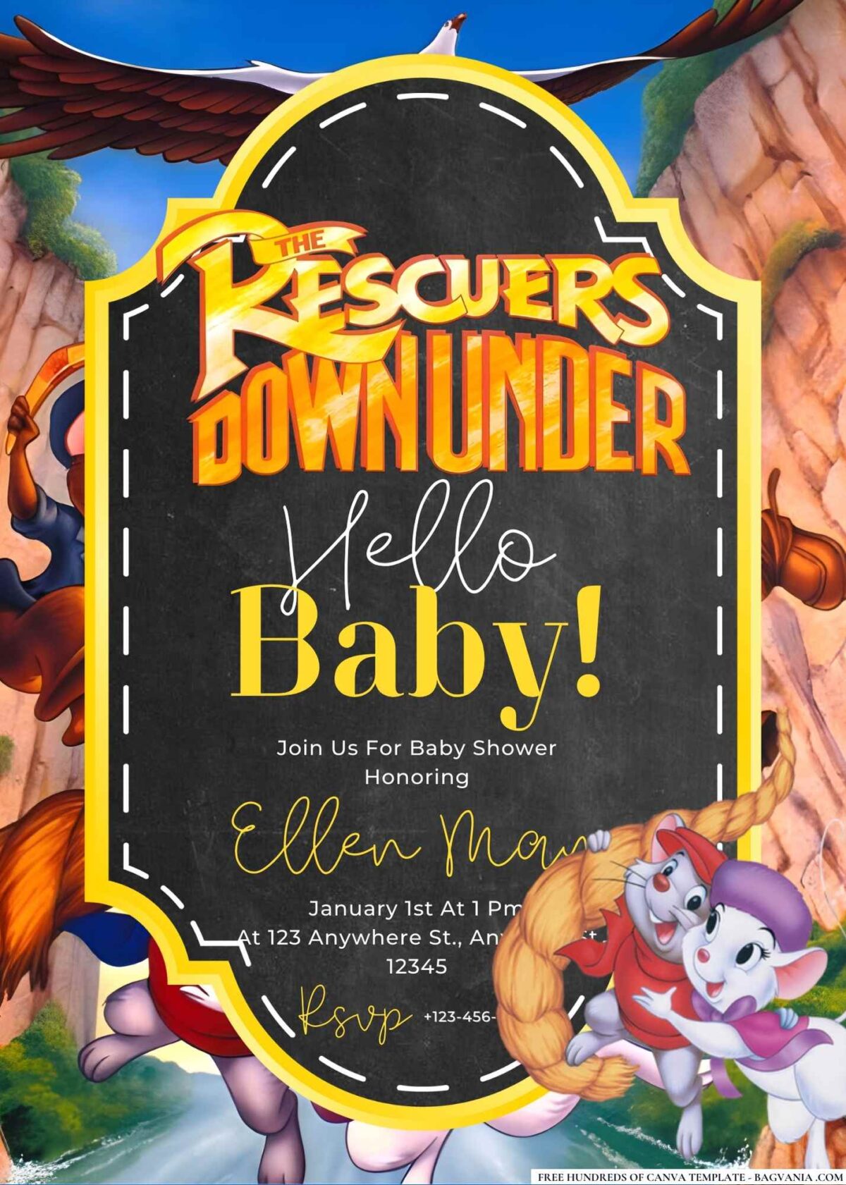 FREE Editable The Rescuers Down Under Baby Shower Invitation