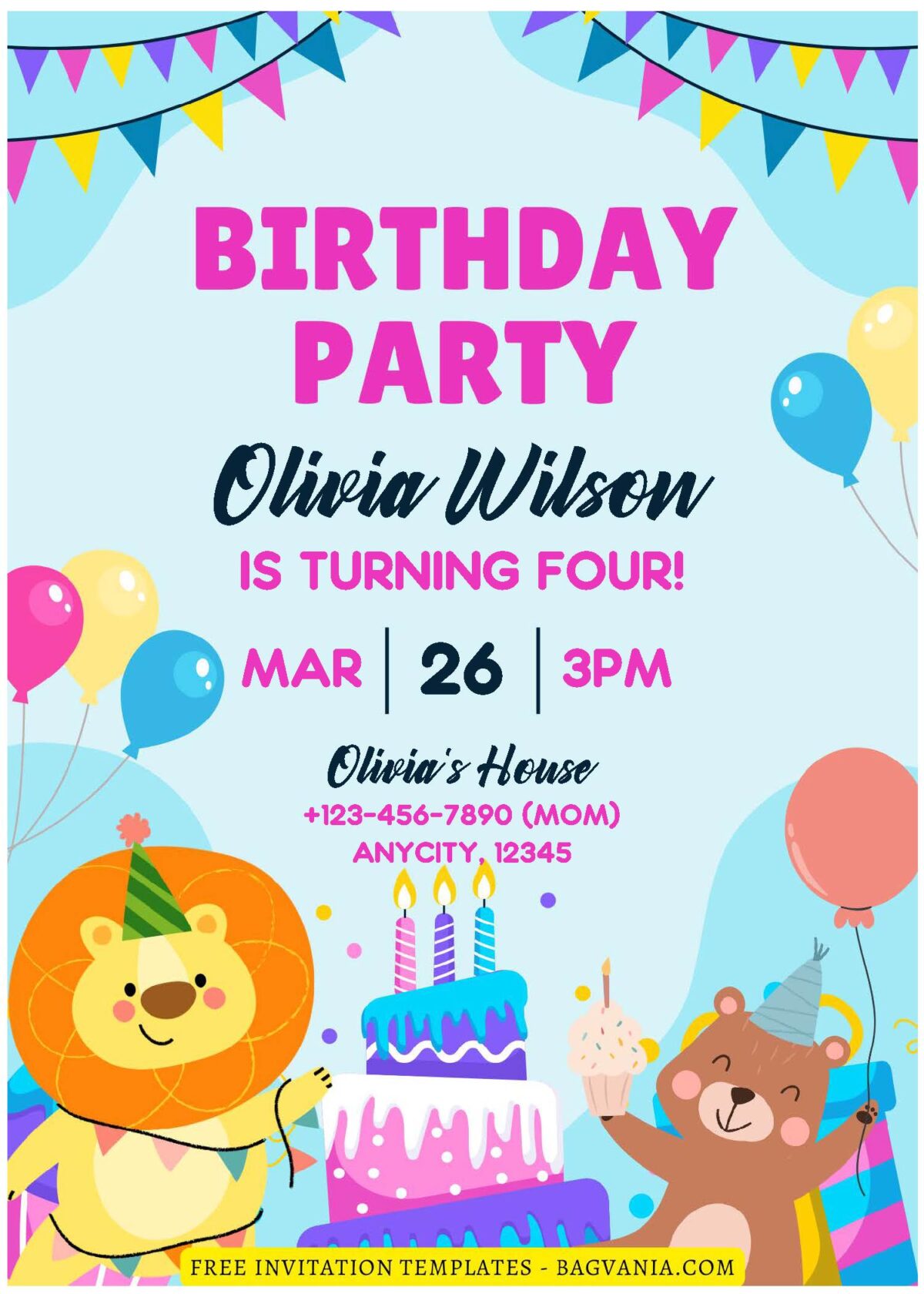(Free Editable PDF) Lovely Party Animals Kids Birthday Invitation Templates F