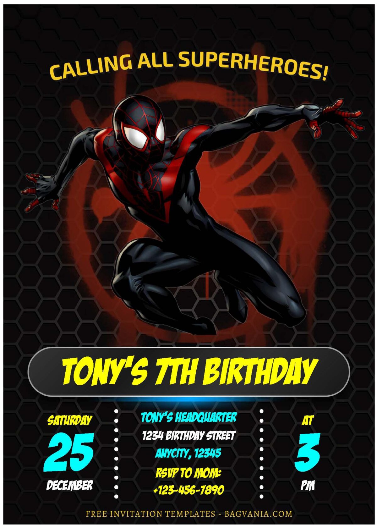 (Free Editable PDF) Ultimate Spiderman Miles Morales Birthday Invitation Templates J