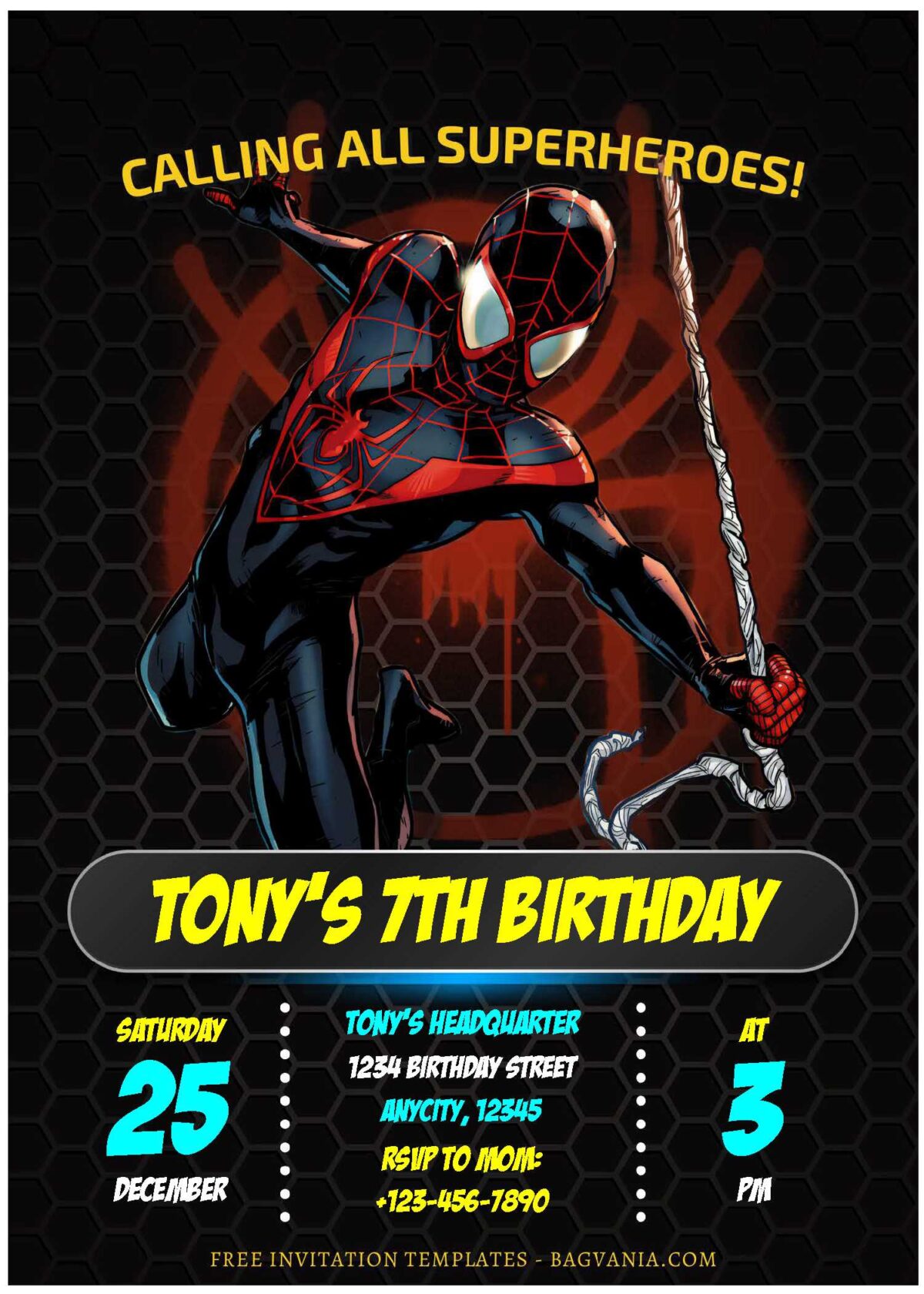 (Free Editable PDF) Ultimate Spiderman Miles Morales Birthday Invitation Templates B