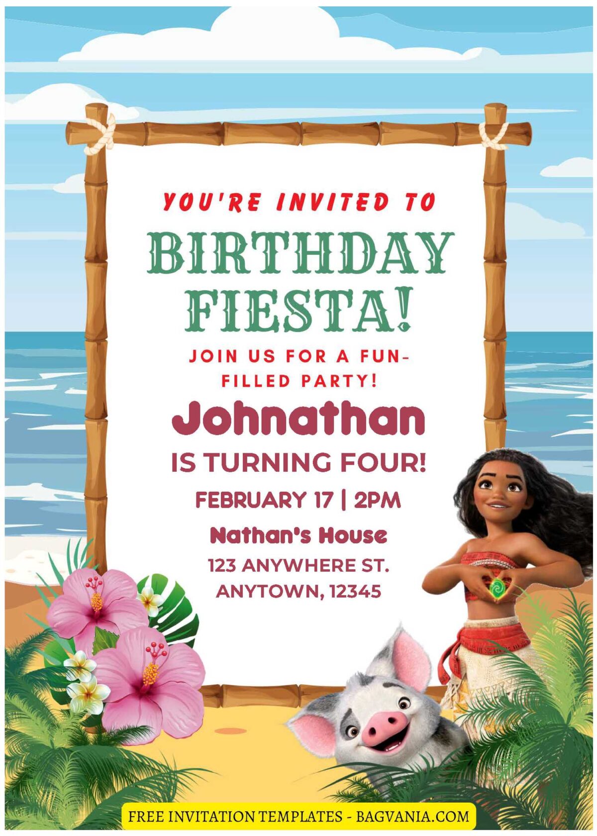 (Free Editable PDF) Polynesian Princess Moana Birthday Invitation Templates F