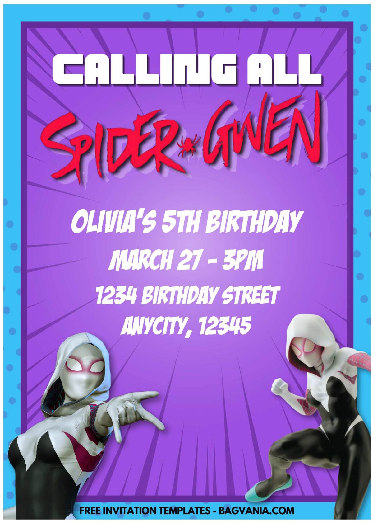 (Free Editable PDF) Lovely Spider-Gwen Stacy Birthday Invitation Templates D