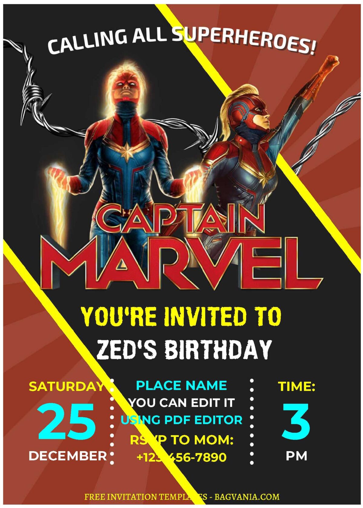 (Free Editable PDF) Captain Marvel Kids Birthday Invitation Templates D