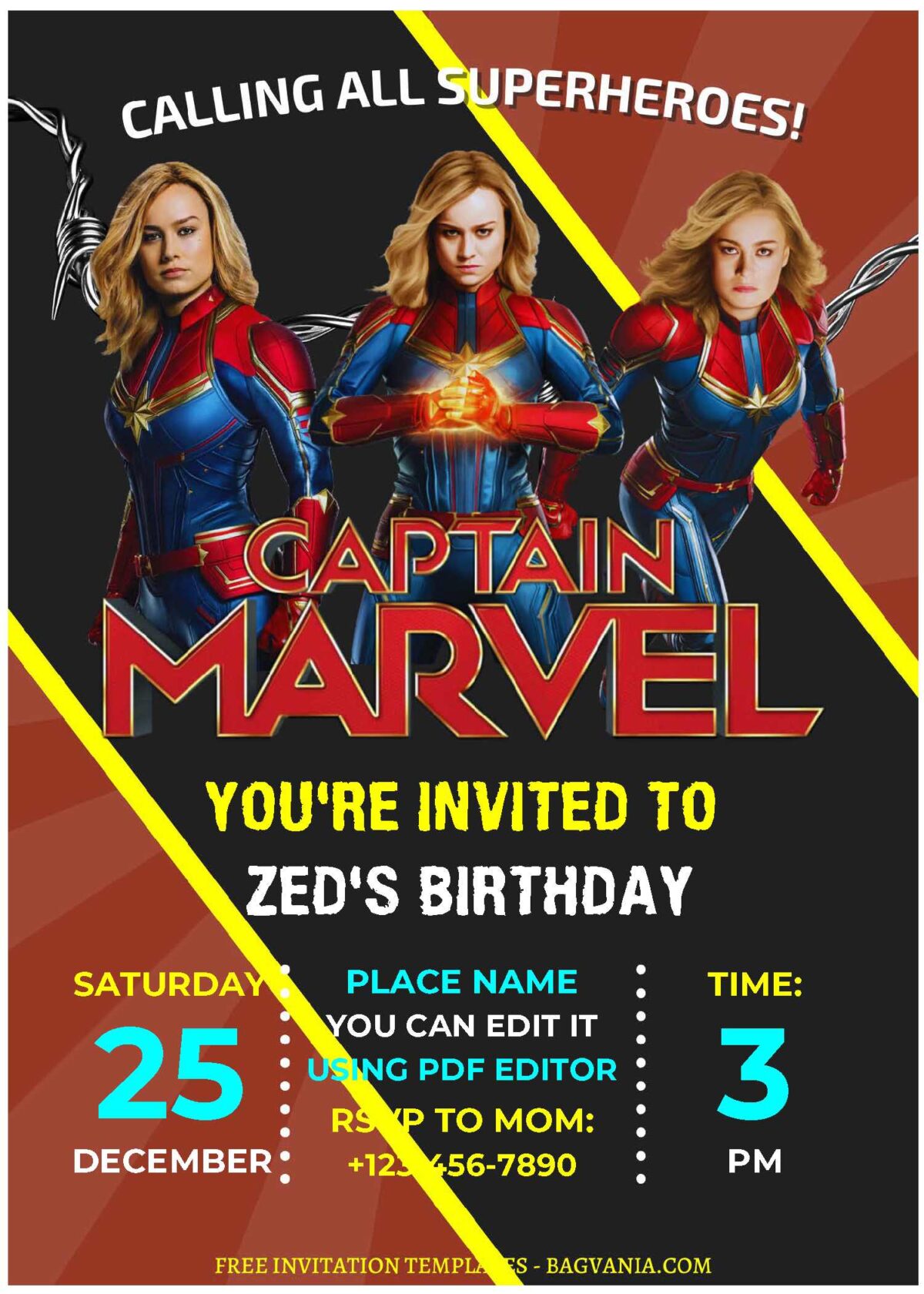 (Free Editable PDF) Captain Marvel Kids Birthday Invitation Templates E