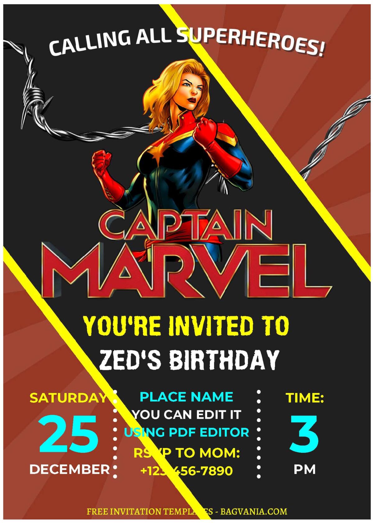 (Free Editable PDF) Captain Marvel Kids Birthday Invitation Templates F