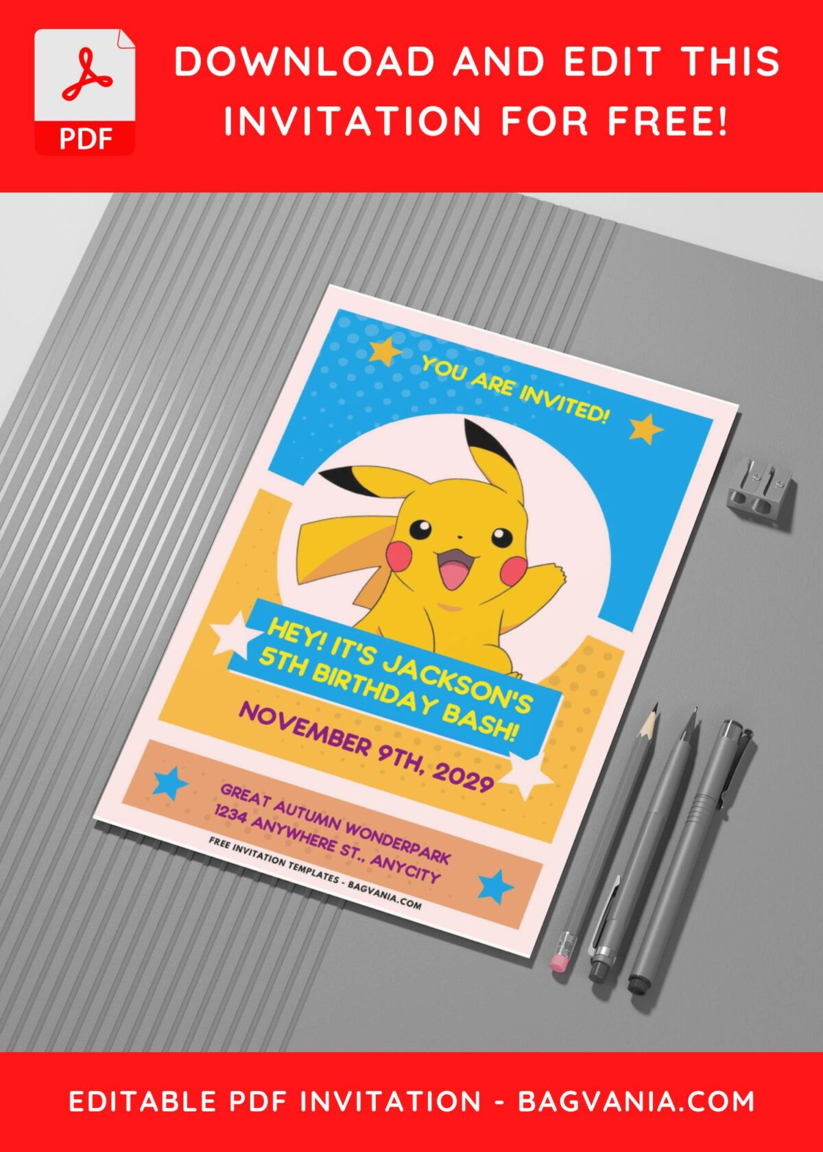 (Easily Edit PDF Invitation) Adorable Pikachu Birthday Invitation G
