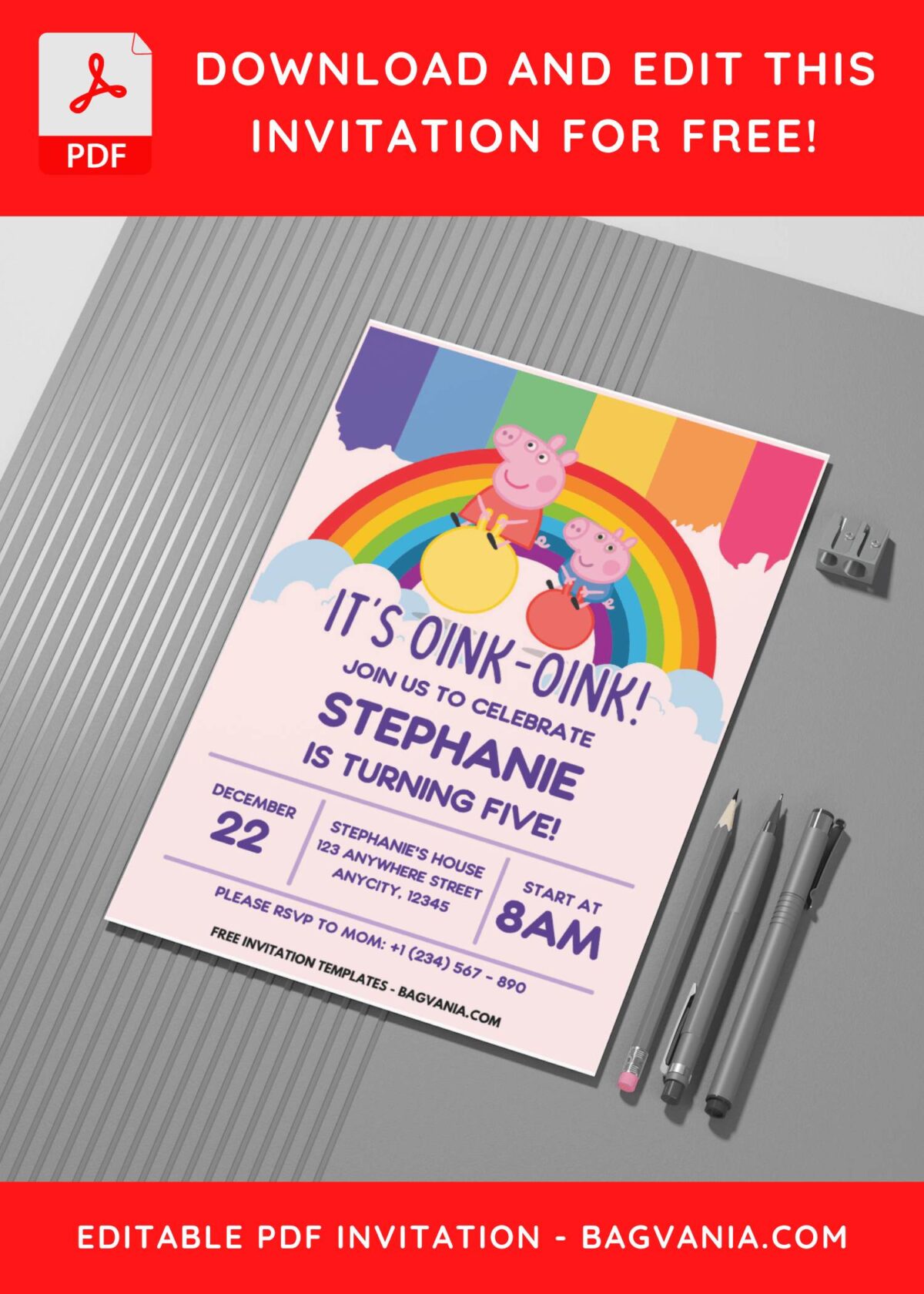 (Easily Edit PDF Invitation) Rainbow Peppa Pig Birthday Invitation G