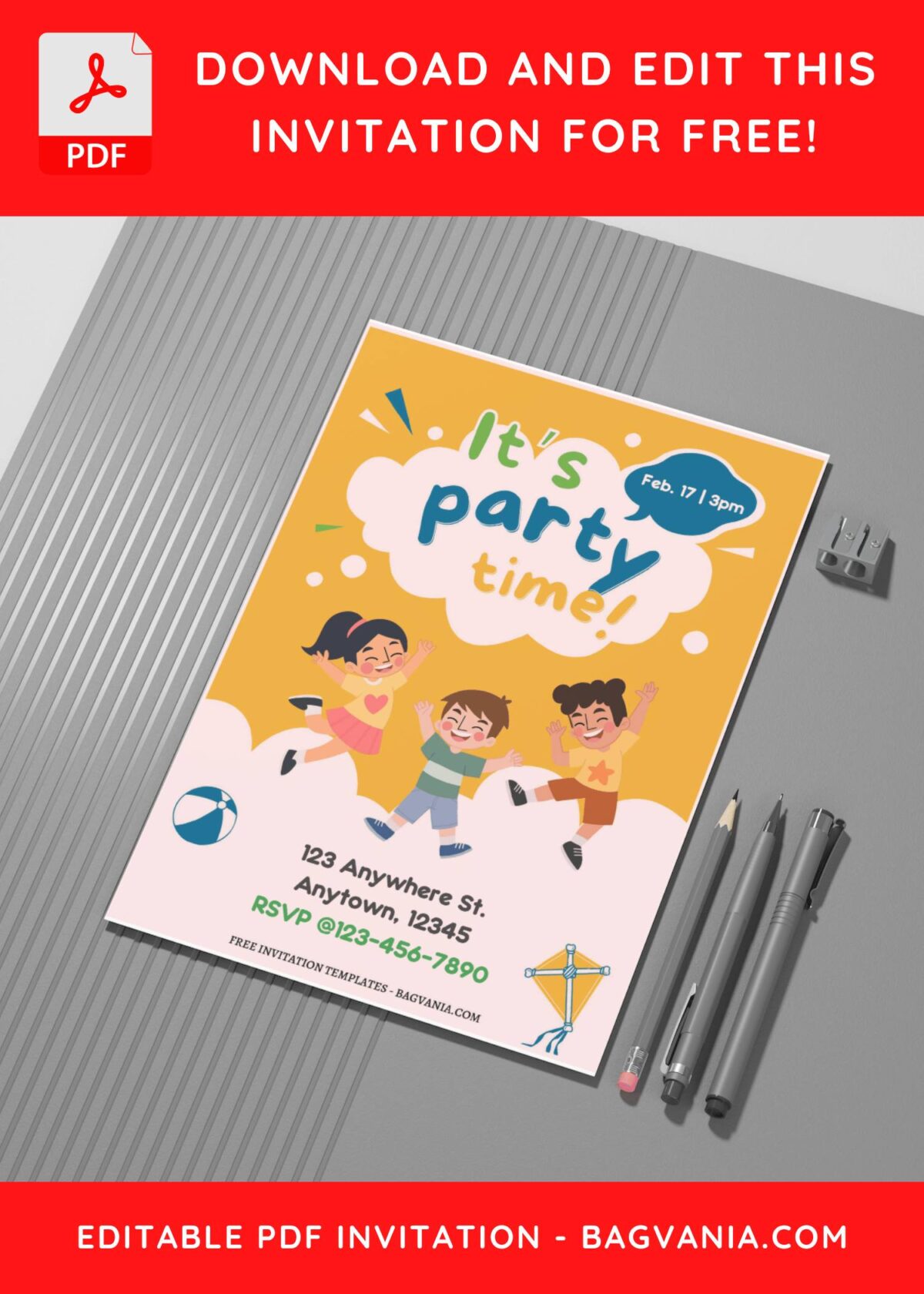 (Easily Edit PDF Invitation) Delightful Kids Party Time Invitation G