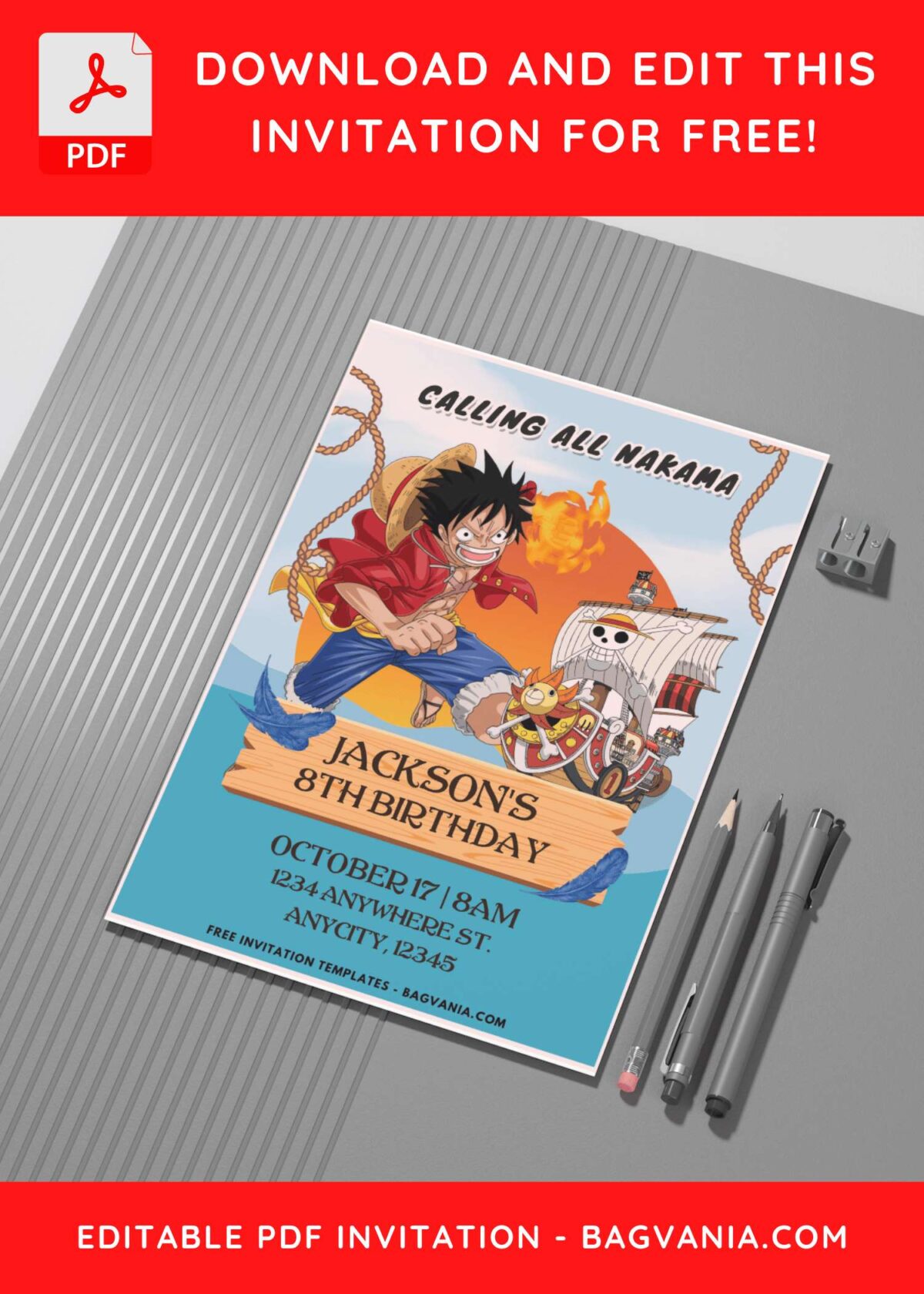 (Easily Edit PDF Invitation) Epic One Piece Birthday Invitation G