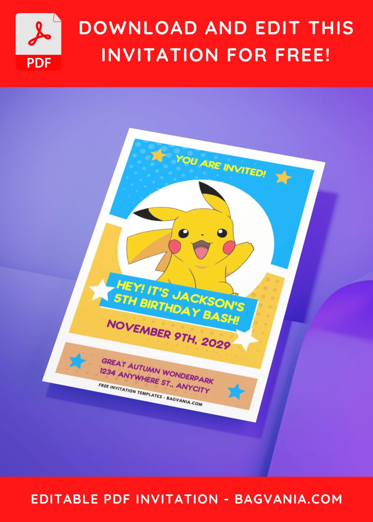 (Easily Edit PDF Invitation) Adorable Pikachu Birthday Invitation H