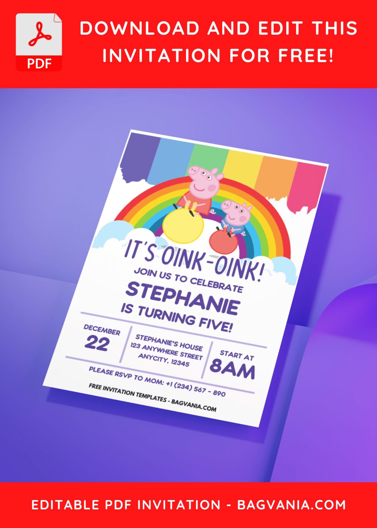 (Easily Edit PDF Invitation) Rainbow Peppa Pig Birthday Invitation H