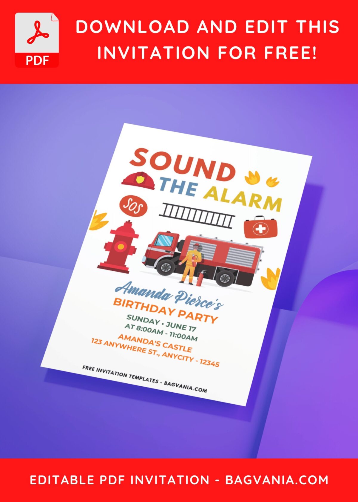 (Easily Edit PDF Invitation) Sound The Alarm Firefighter Birthday Invitation B