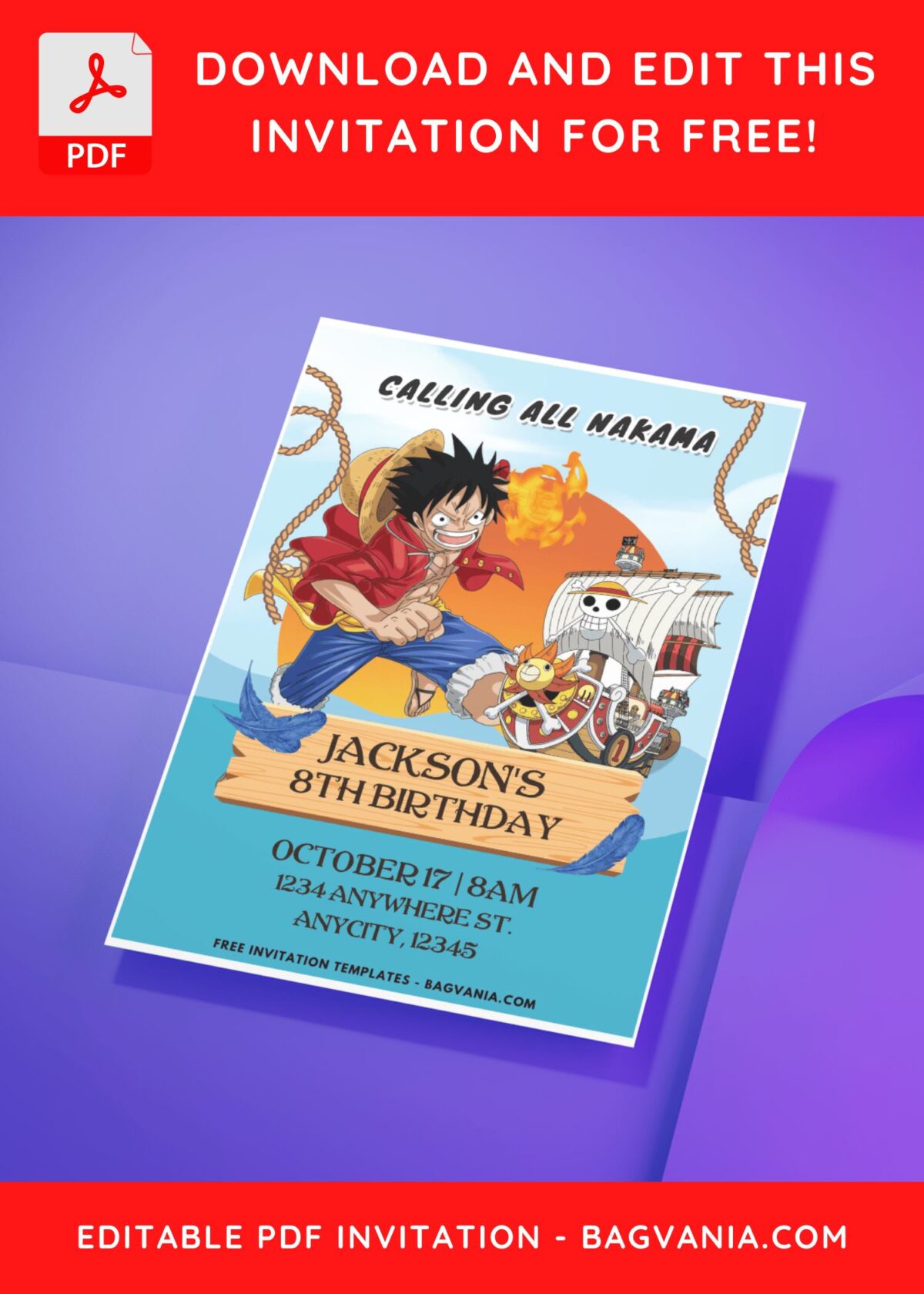 (Easily Edit PDF Invitation) Epic One Piece Birthday Invitation H