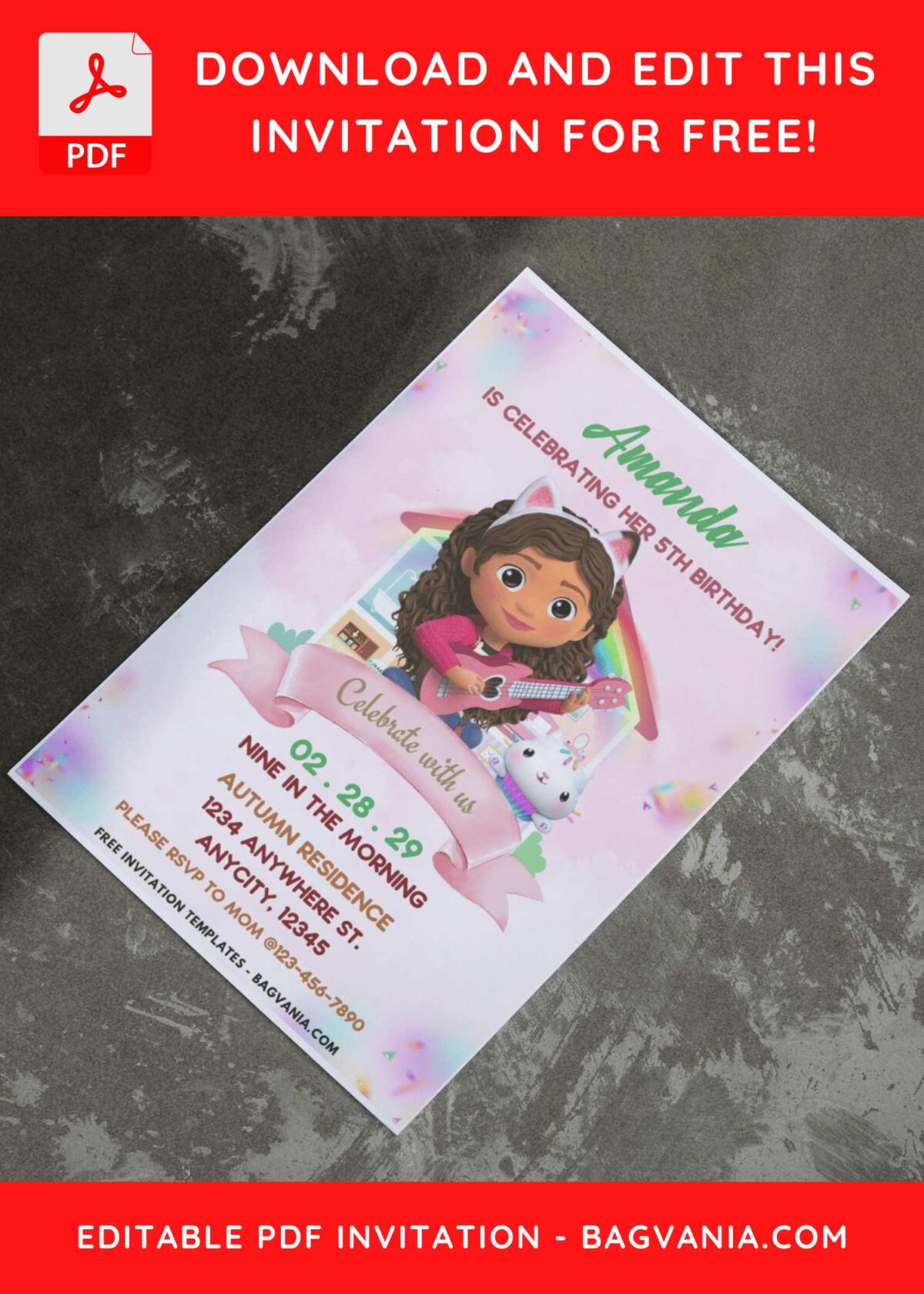 (Easily Edit PDF Invitation) A-MEOW-ZING Gabby Dollhouse Birthday Invitation E