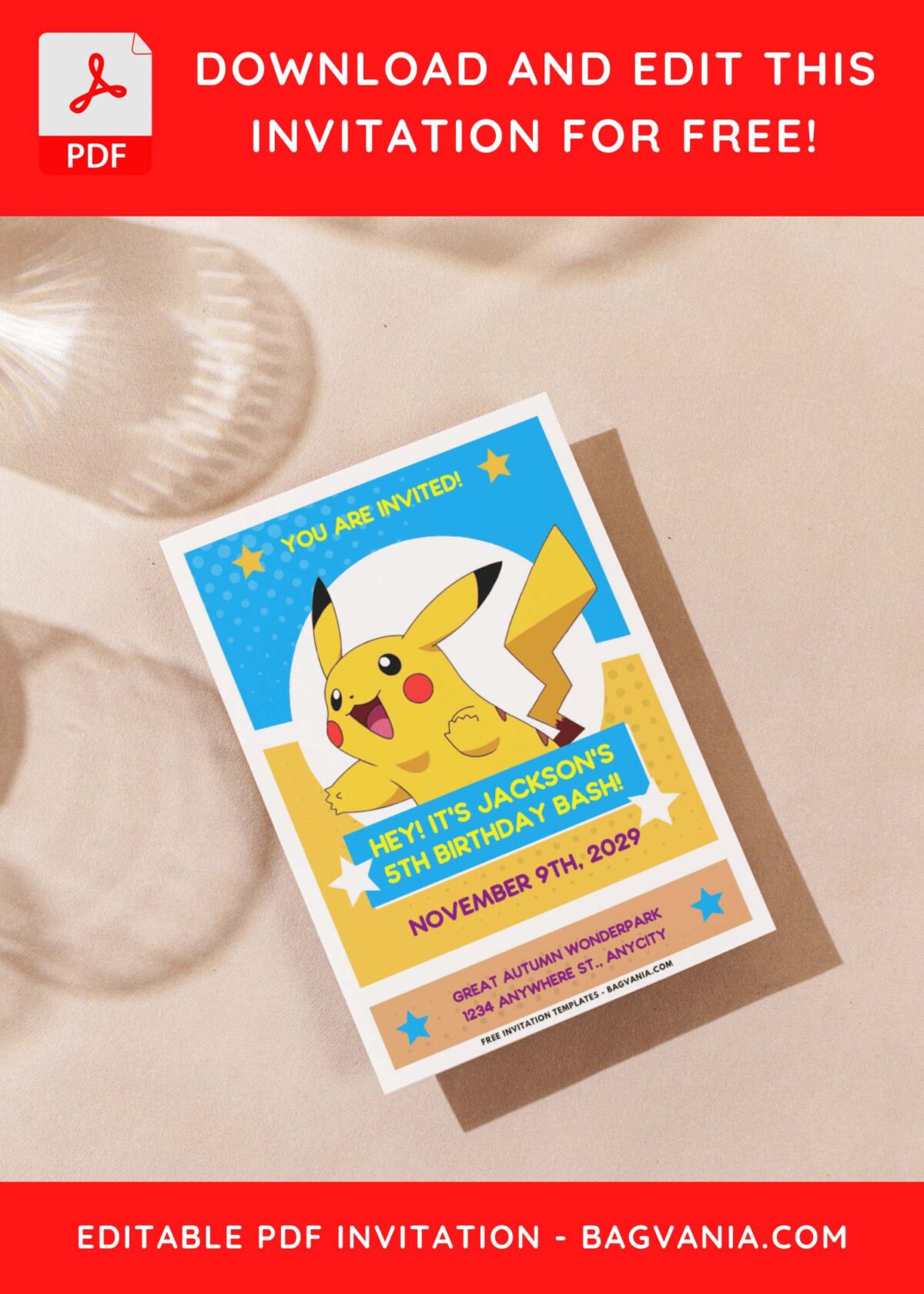 (Easily Edit PDF Invitation) Adorable Pikachu Birthday Invitation J