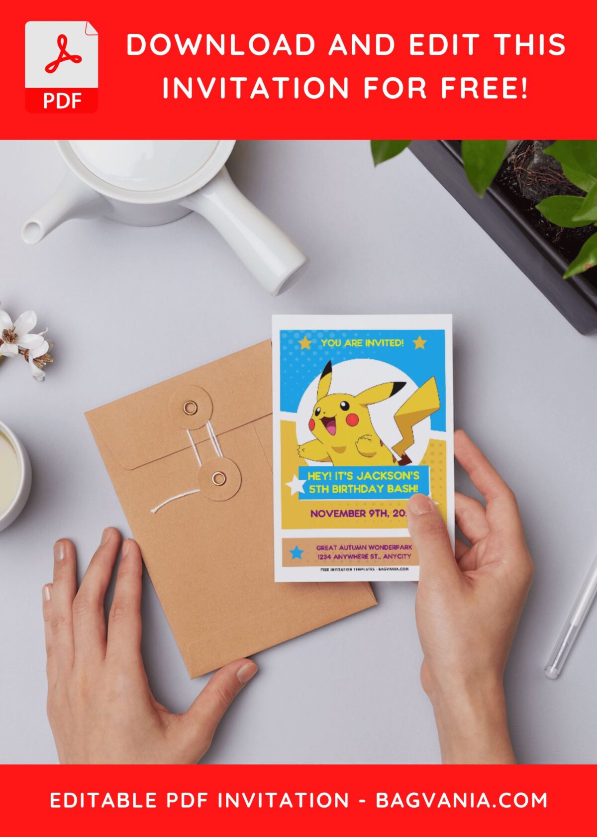 (Easily Edit PDF Invitation) Adorable Pikachu Birthday Invitation A