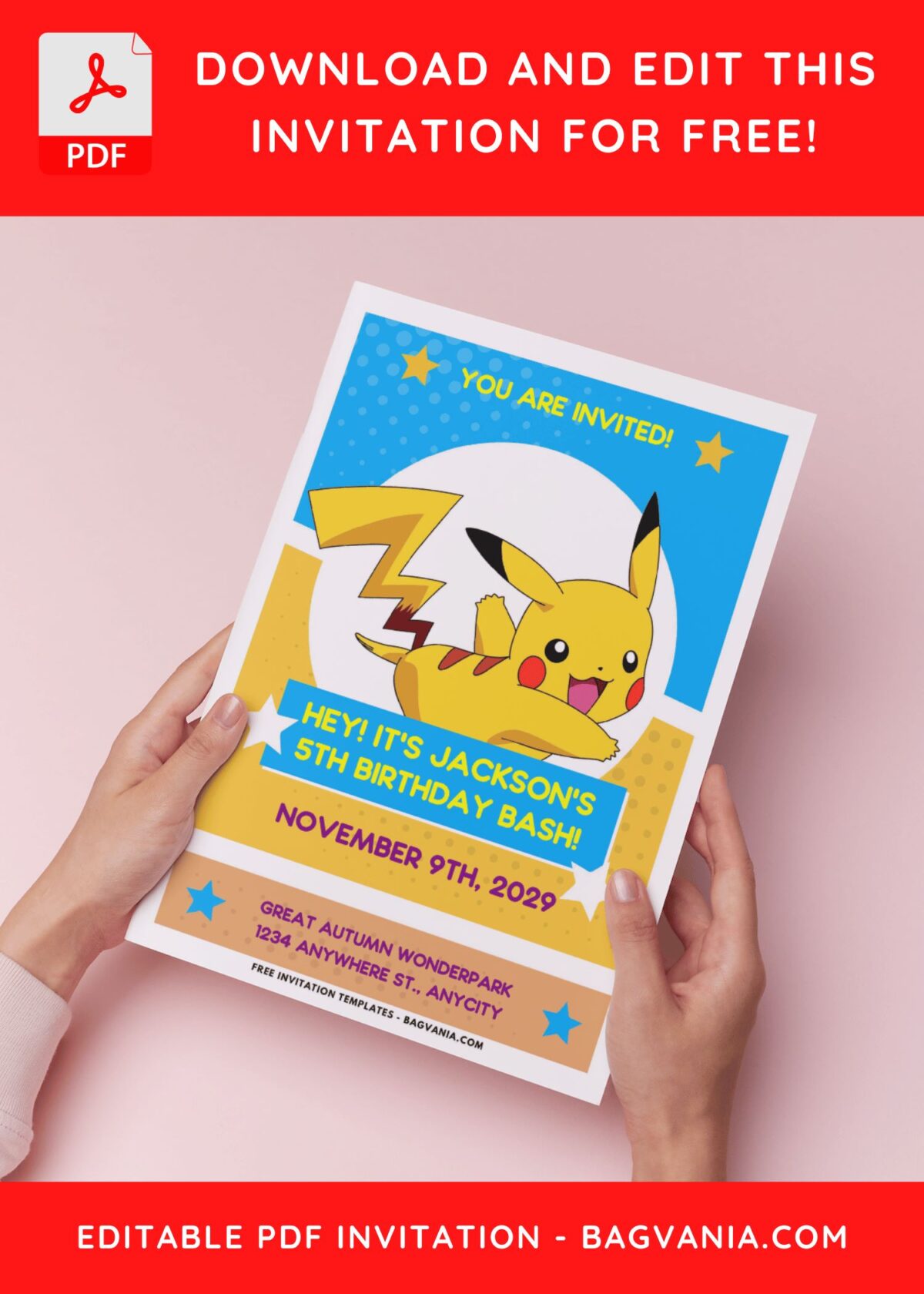 (Easily Edit PDF Invitation) Adorable Pikachu Birthday Invitation B