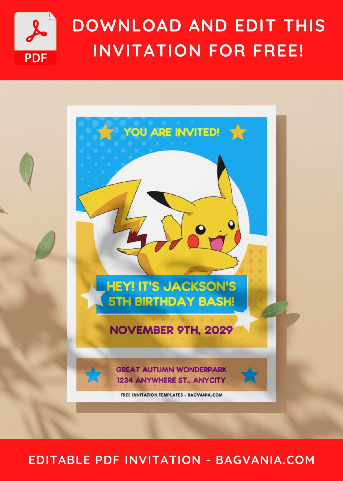 (Easily Edit PDF Invitation) Adorable Pikachu Birthday Invitation C
