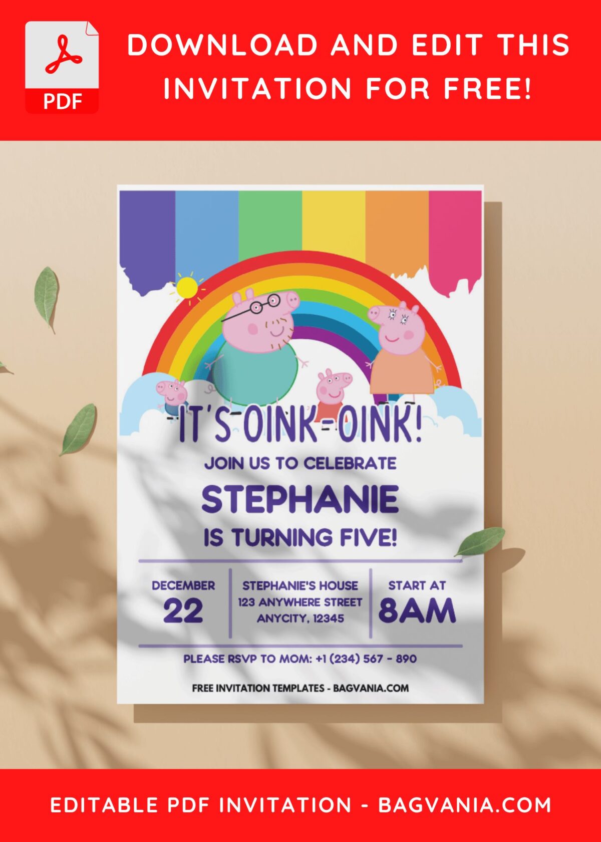 (Easily Edit PDF Invitation) Rainbow Peppa Pig Birthday Invitation C