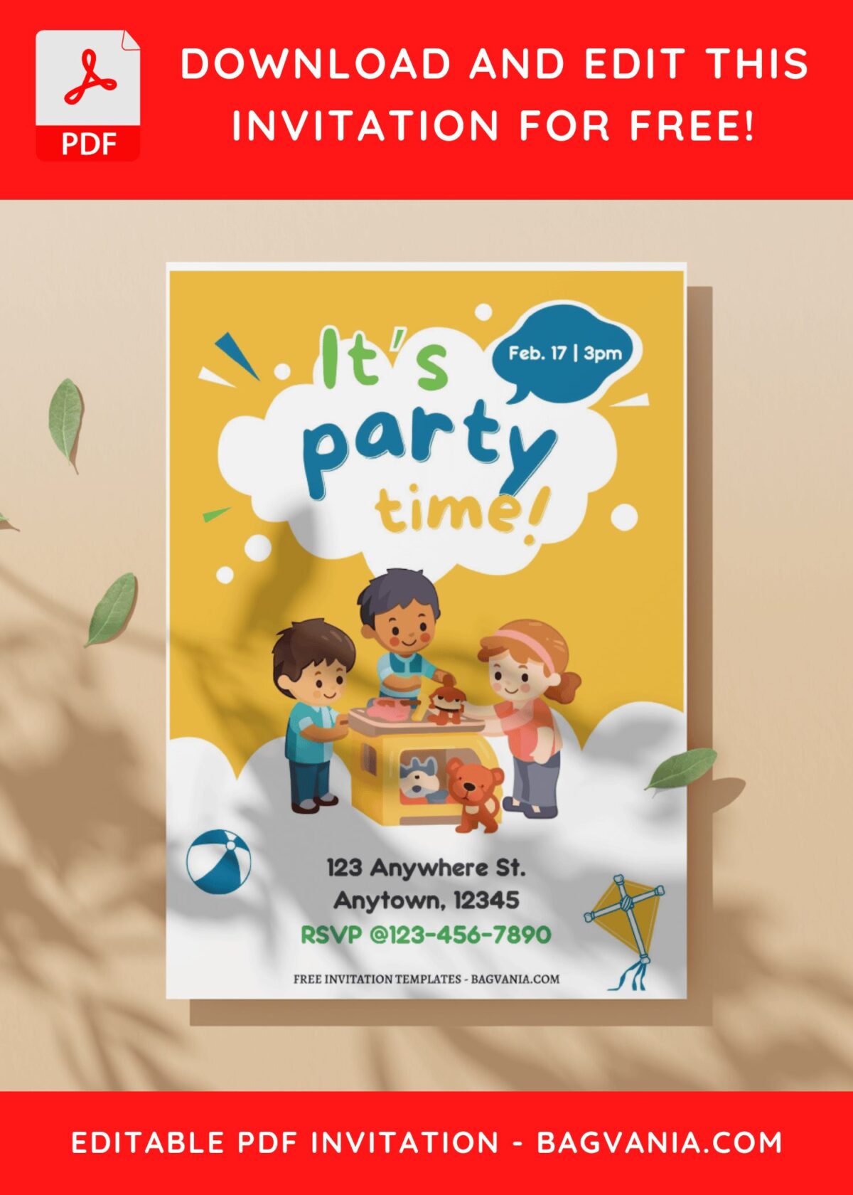 (Easily Edit PDF Invitation) Delightful Kids Party Time Invitation C