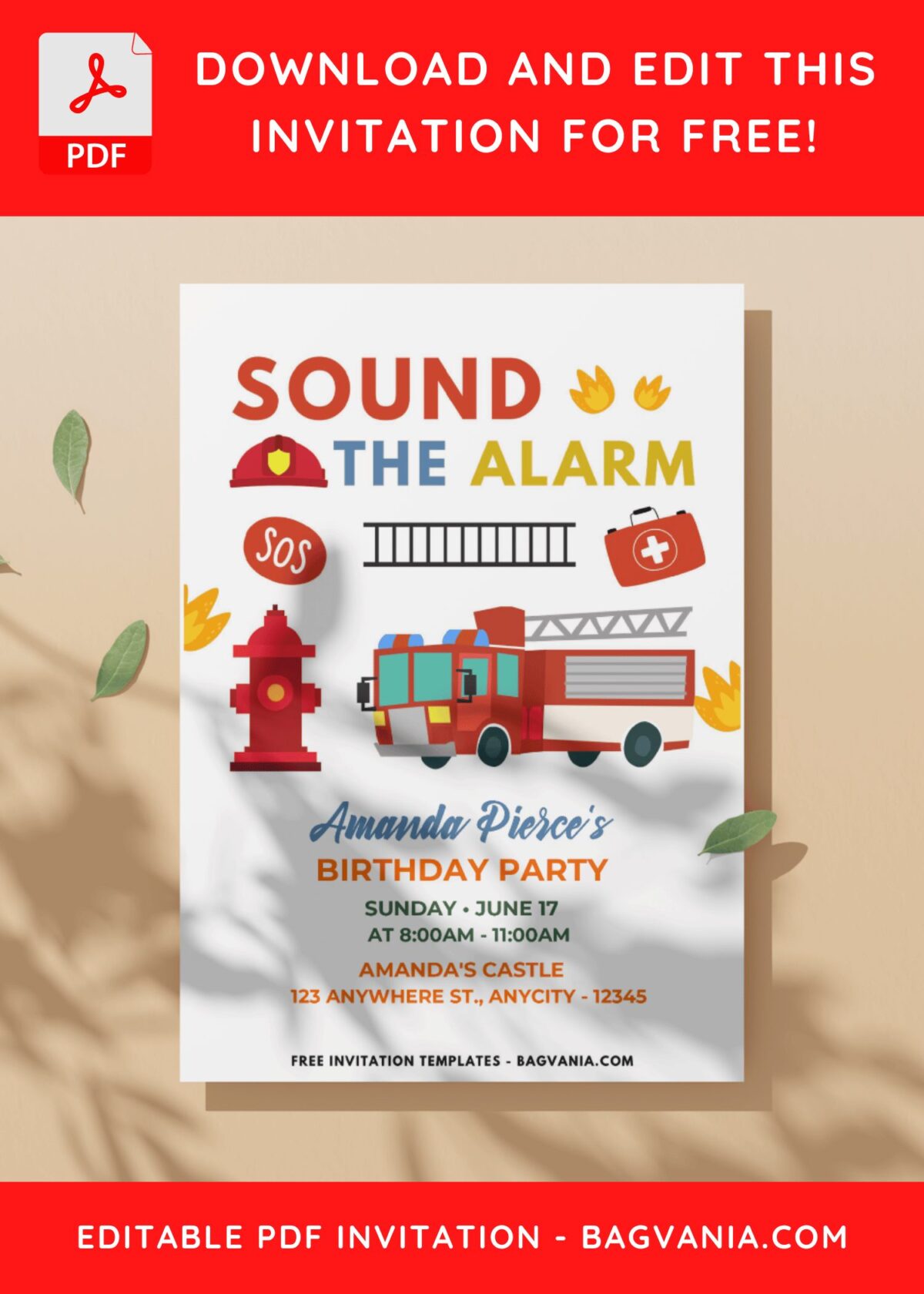 (Easily Edit PDF Invitation) Sound The Alarm Firefighter Birthday Invitation J