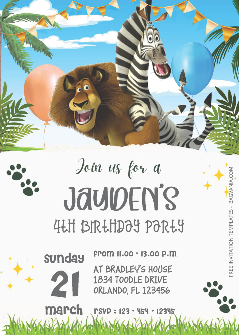 ( Easily Edit PDF Invitation ) Madagascar Birthday Invitation Templates