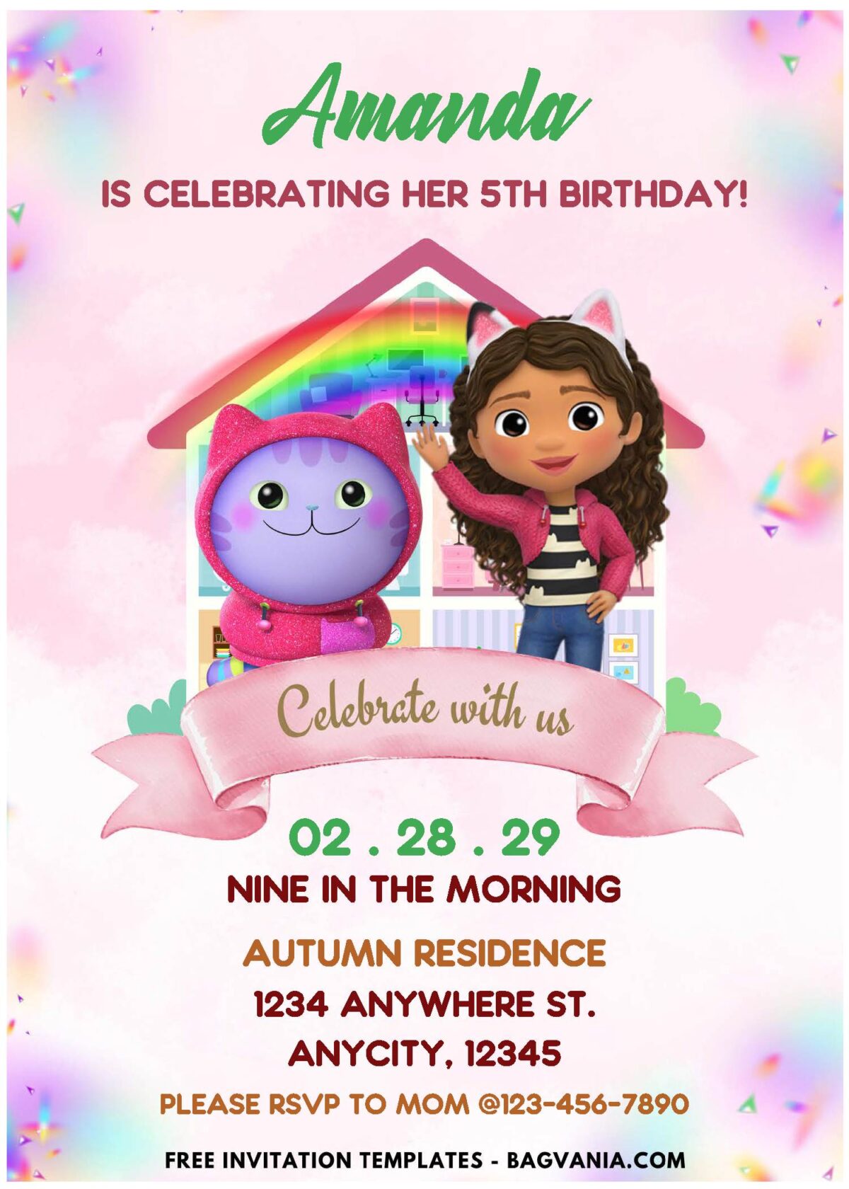 (Easily Edit PDF Invitation) A-MEOW-ZING Gabby Dollhouse Birthday Invitation J