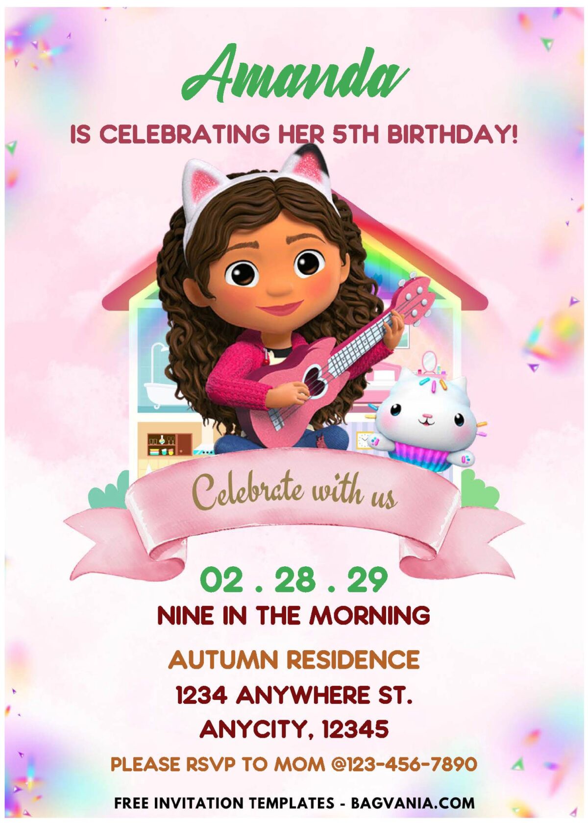 (Easily Edit PDF Invitation) A-MEOW-ZING Gabby Dollhouse Birthday Invitation A