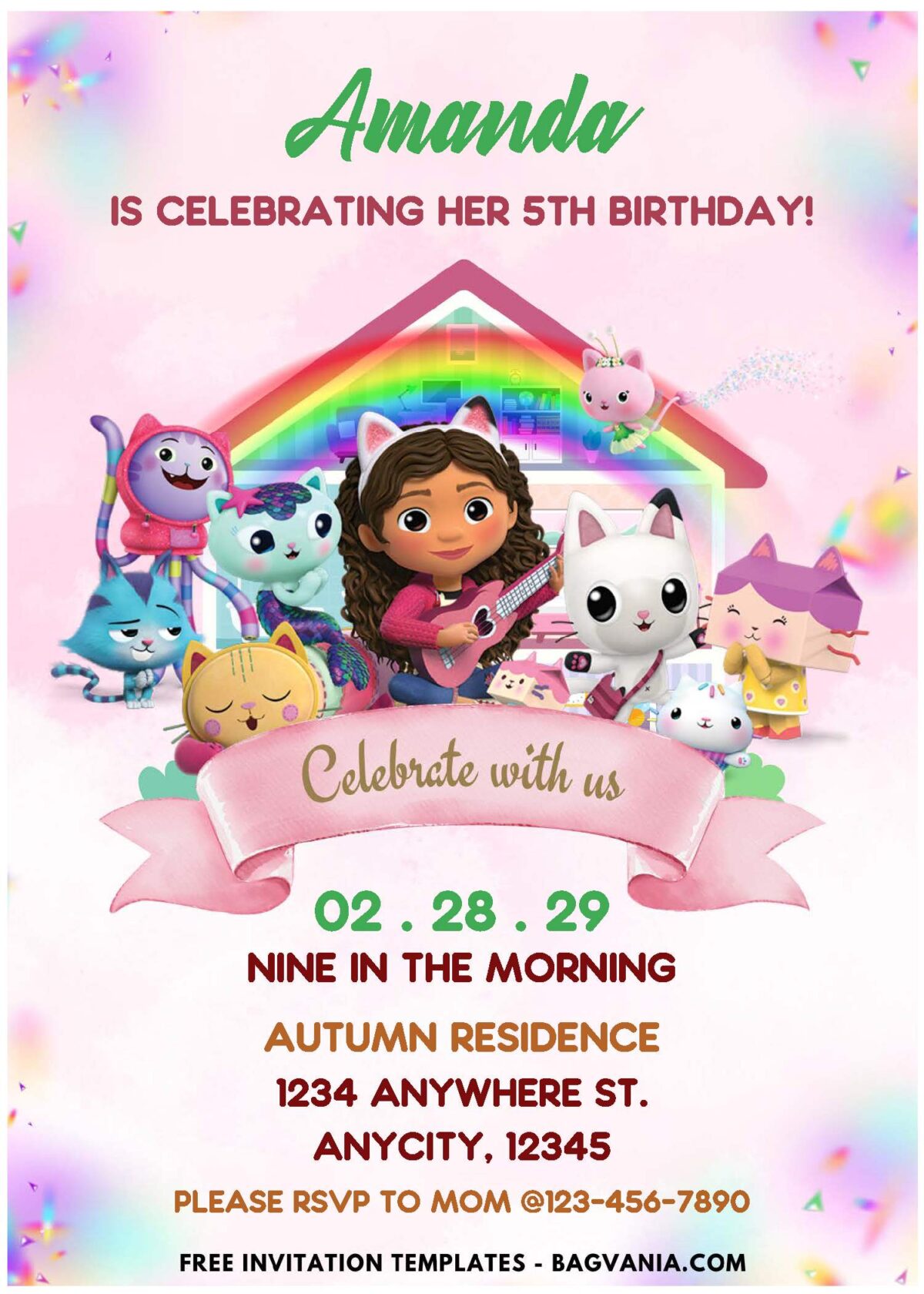 (Easily Edit PDF Invitation) A-MEOW-ZING Gabby Dollhouse Birthday Invitation B