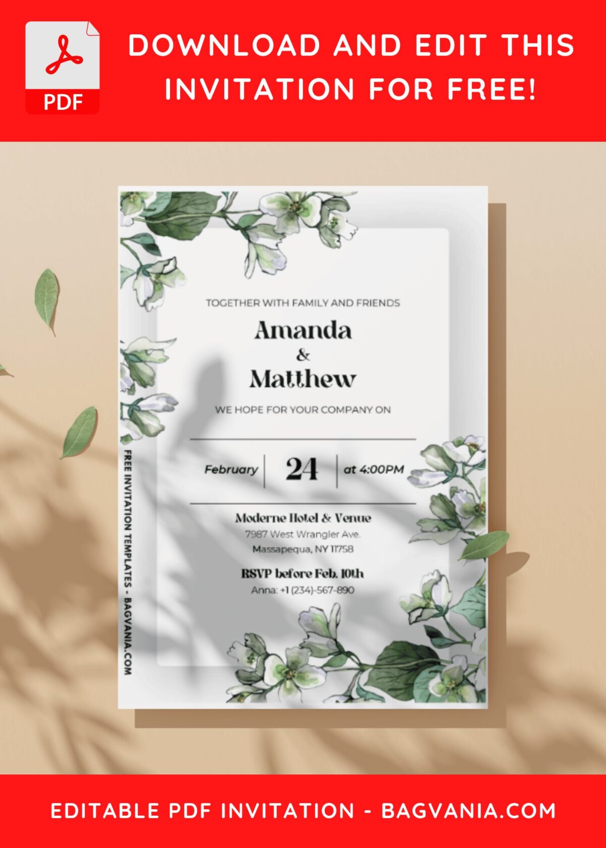 (Easily Edit PDF Invitation) Whimsical Jasmine Evergreen Wedding Invitation C