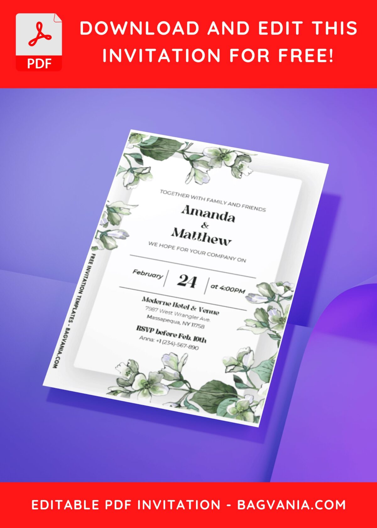 (Easily Edit PDF Invitation) Whimsical Jasmine Evergreen Wedding Invitation D