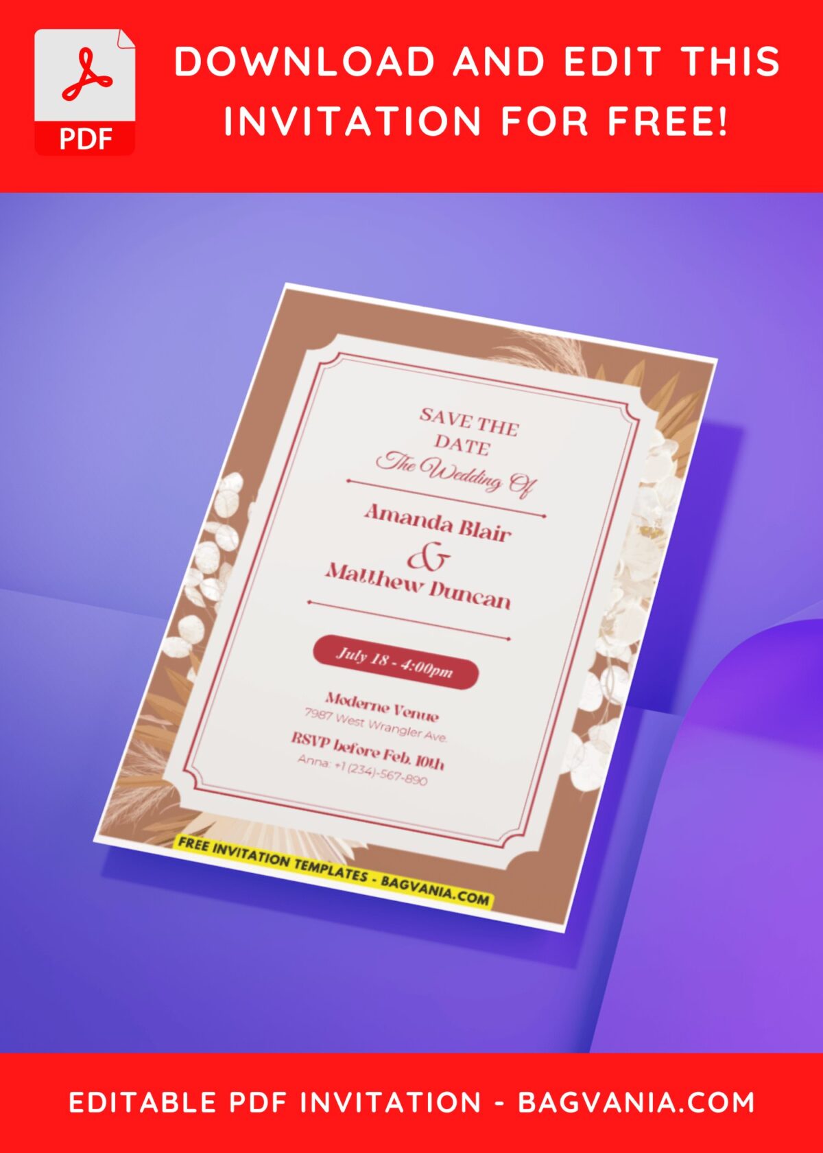 (Easily Edit PDF Invitation) Rustic Bohemian Floral Wedding Invitation B