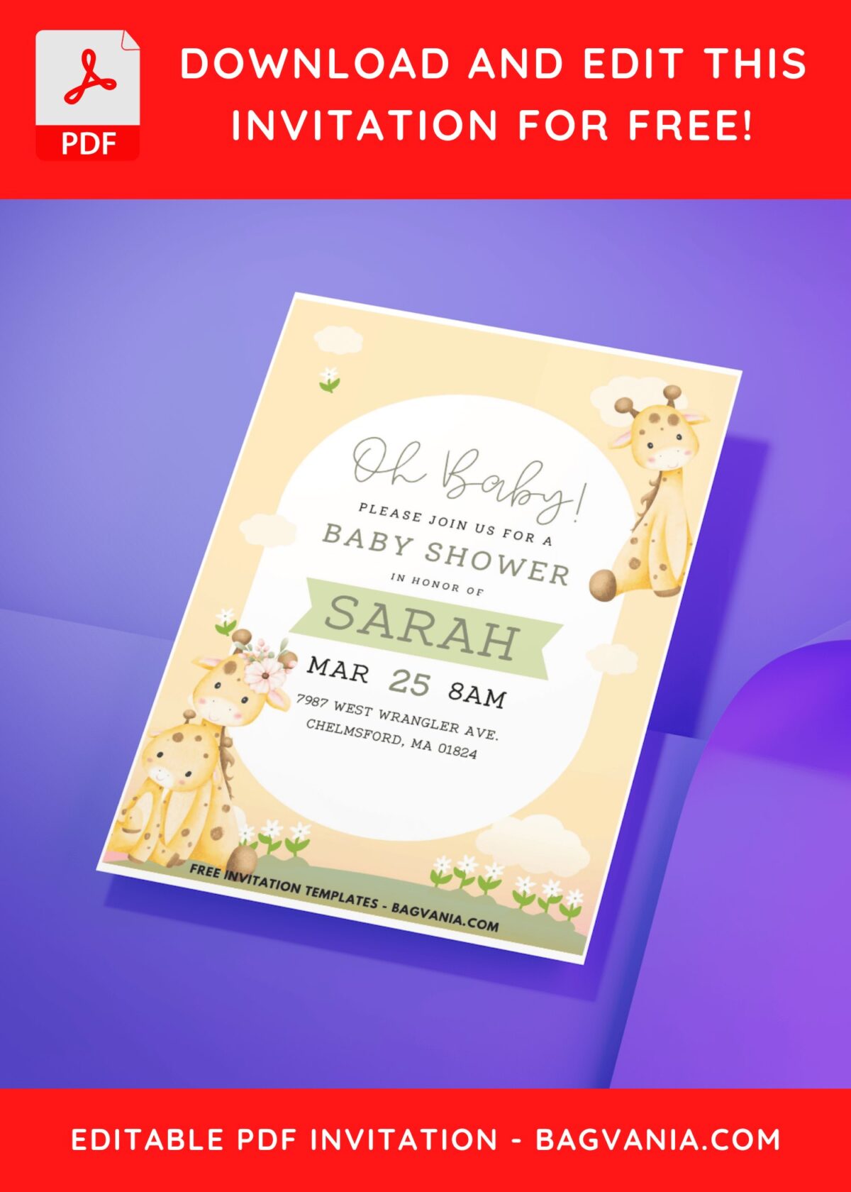 (Easily Edit PDF Invitation) Adorable Giraffe Birthday Invitation B