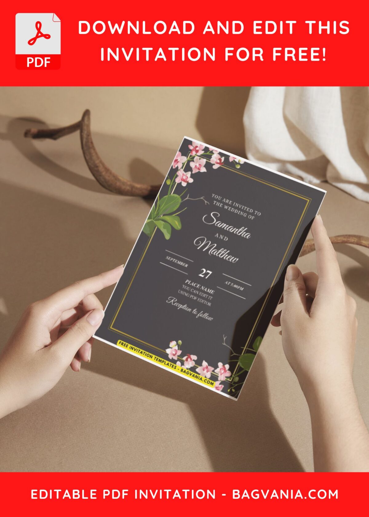 (Easily Edit PDF Invitation) Beautiful Magnolia & Sakura Wedding Invitation A