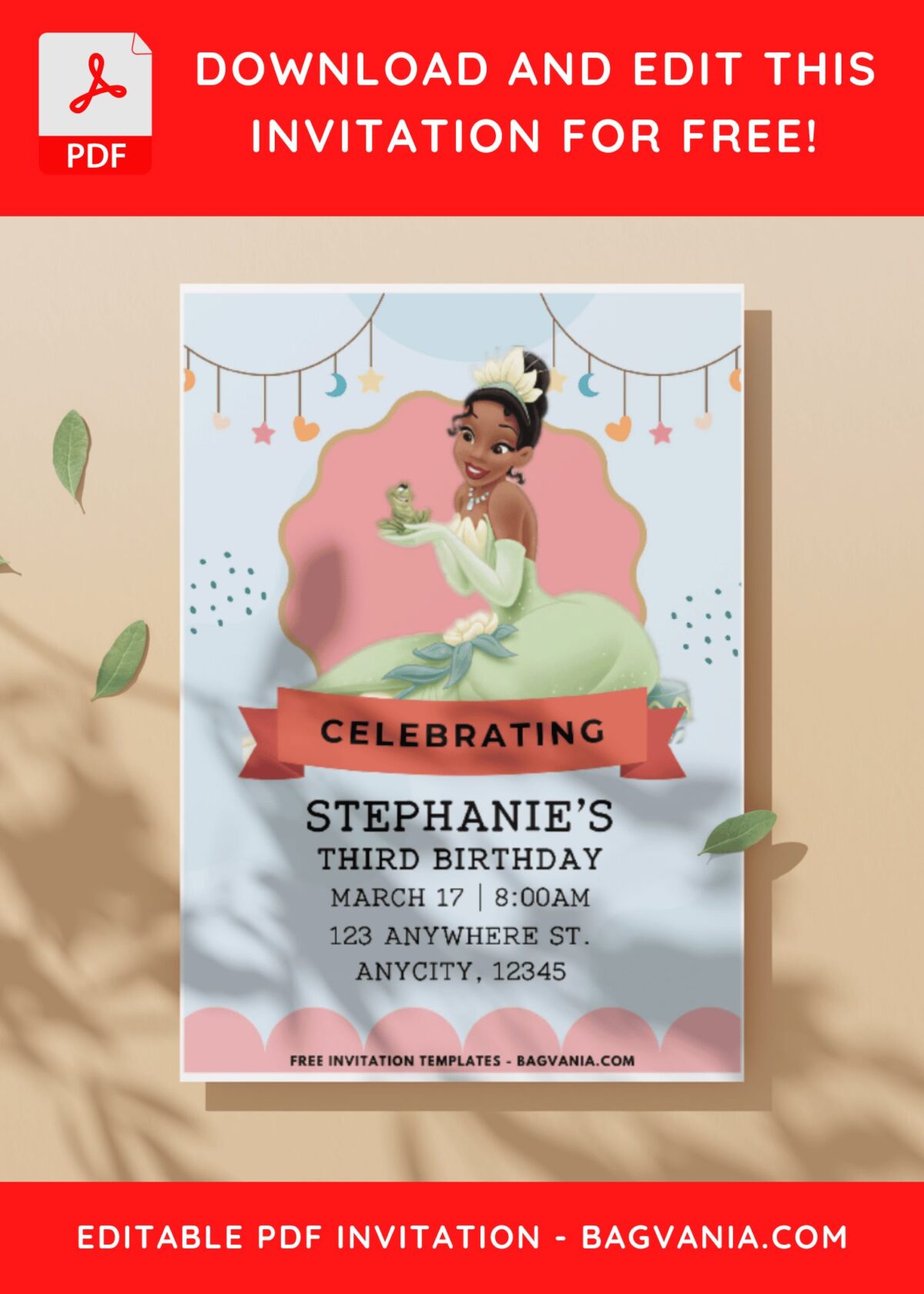 (Easily Edit PDF Invitation) Festive Princess Tiana & Frog Birthday Invitation G