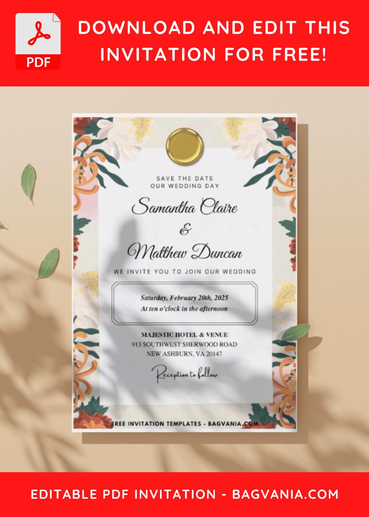 (Easily Edit PDF Invitation) Whimsical Chrysanthemum Wedding Invitation H