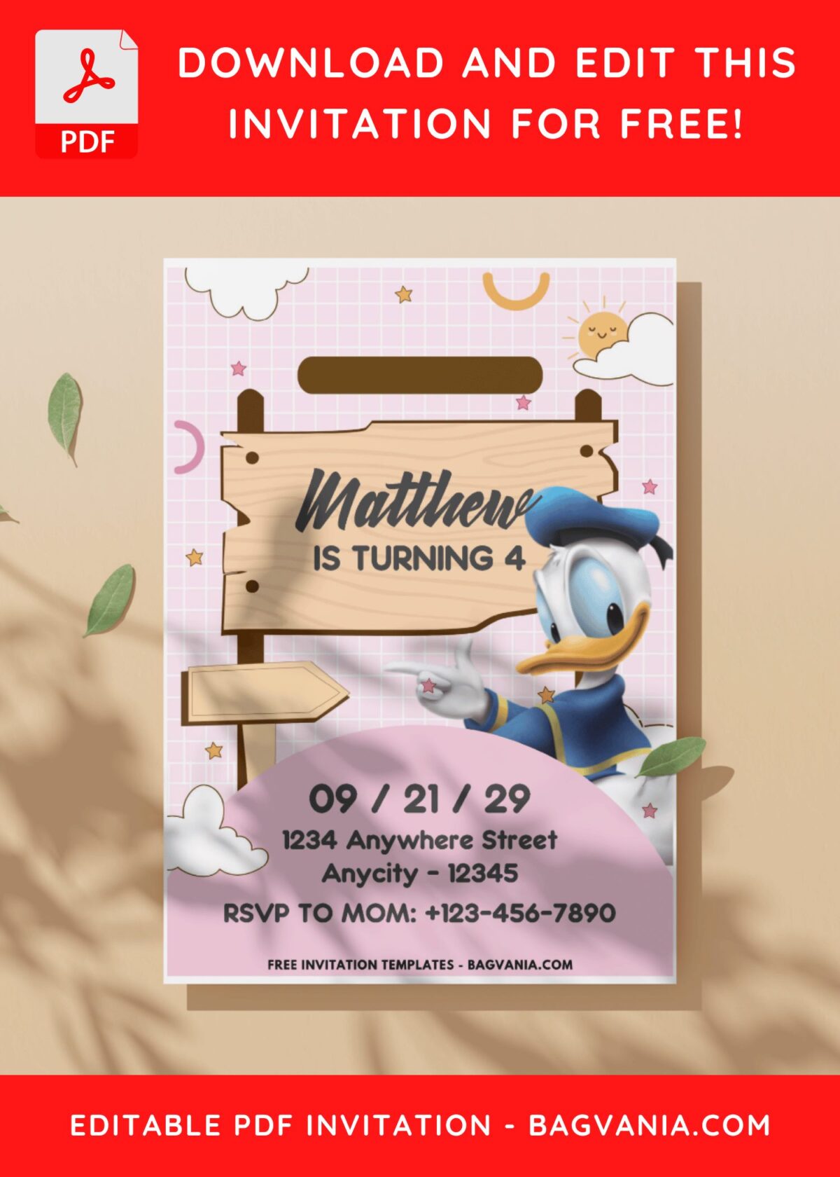 (Easily Edit PDF Invitation) Quack-Tastic Donald Duck Birthday Invitation C