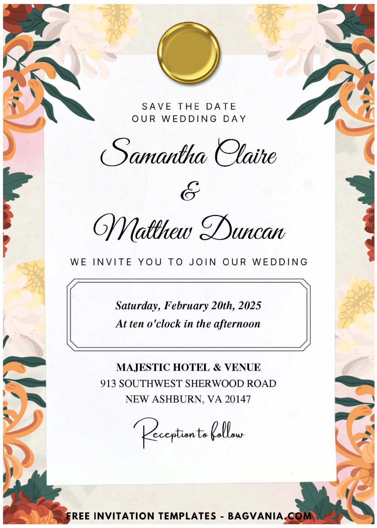 (Easily Edit PDF Invitation) Whimsical Chrysanthemum Wedding Invitation B
